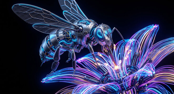 Futuristic cybernetic bee pollinating a glowing fiber-optic neon flower in extreme macro
