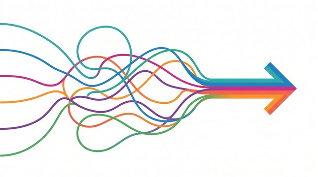 Abstract illustration of colorful tangled lines transforming into a single organized arrow representing clarity and strategic focus