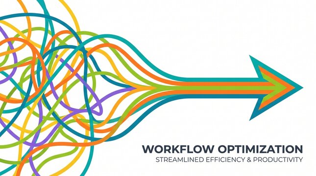 A conceptual graphic illustration depicting the process of business workflow optimization by transforming a chaotic bundle of colorful tangled lines into a single streamlined directional arrow