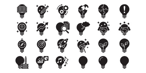Set of black flat bulb icons representing creative ideas and innovation with innovation creativity brainstorming solution business strategy technology thinking inspiration development © mahamudul