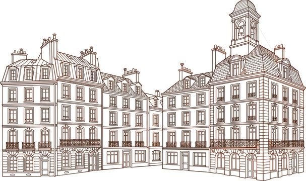 European old town street vector illustration featuring classic french architecture buildings with balconies windows and bell tower