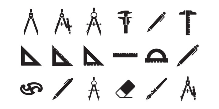 Engineering and geometry drafting tool icons with geometry drafting engineering triangle protractor technical education architecture measurement construction instrument equipment precision