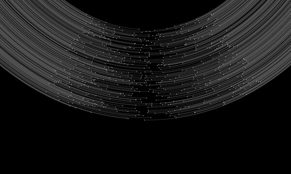 White concentric arc lines with scattered data point dots forming a curved network shape on black background, big data connection visualization illustration, technology abstract design.