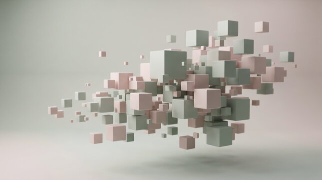 Cubes of various sizes float in a soft light environment to represent a structured organizational concept where different building blocks assemble to form a cohesive and balanced 3d arrangement.