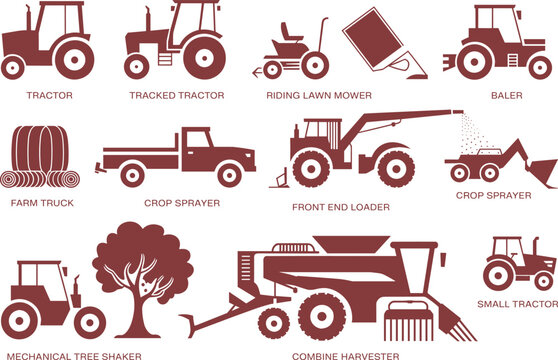 Agricultural machinery and farm equipment silhouette vector set including tractors, combine harvester, crop sprayers, baler, loader and farming vehicles illustration
