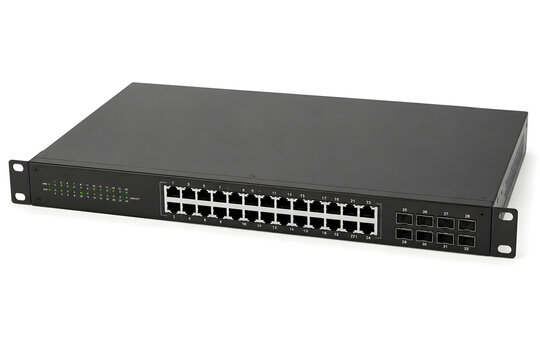 Rack Mount Network Switch with SFP Ports Isolated on White Background