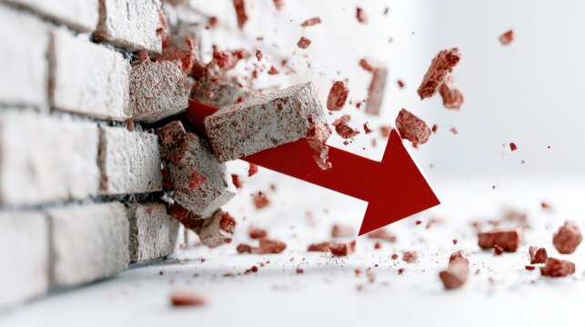 A red arrow piercing through a crumbling brick wall, symbolizing disruption and overcoming obstacles