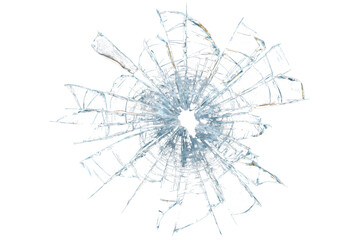 Obraz premium Realistic shattered glass hole isolated on transparent background with broken window impact effect.