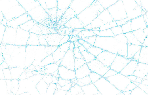Realistic shattered glass hole isolated on transparent background with broken window impact effect.