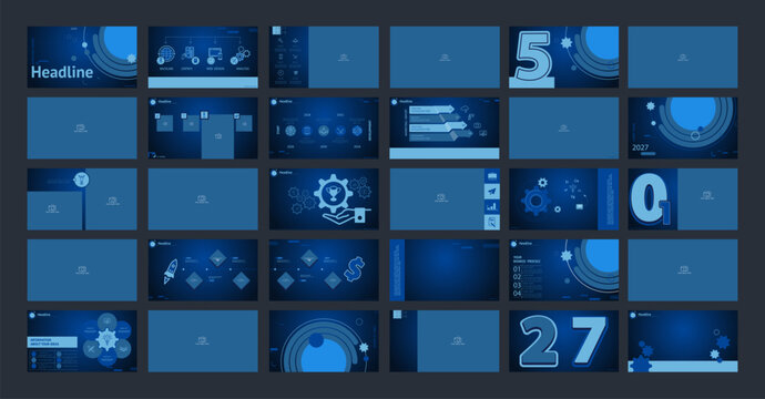 Business presentation template design. Set, infographic elements, abstract blue design, blue background. Financial, photo, PowerPoint. Slideshow, corporate, annual report, icons. Vector illustration
