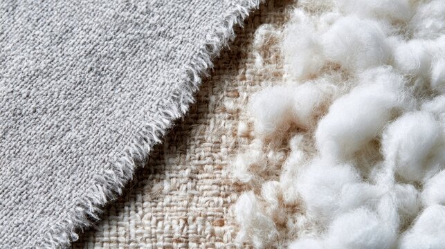 A close-up shot displays a textured fabric next to a pile of fluffy, raw cotton. The contrast highlights the raw material and its processed form