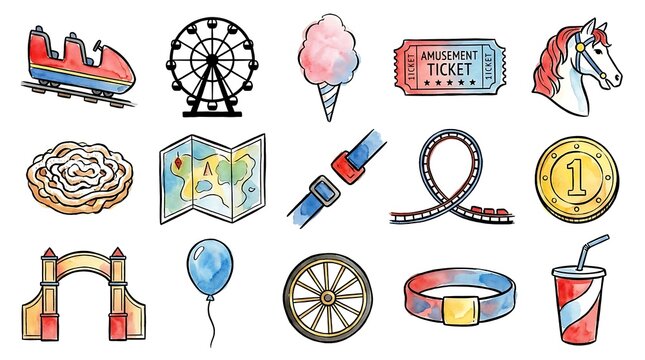 Amusement park icon set. Watercolor carnival elements for fun fair and roller coaster design.