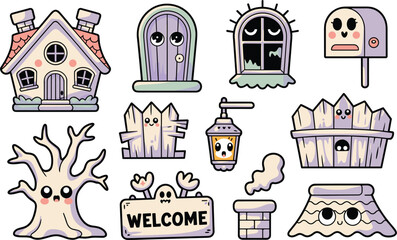 Naklejka premium Collection of cute kawaii house including a small cottage, arched door, spooky window, mailbox, wooden fence, hanging lantern, welcome sign, chimney, and a decorative roof piece