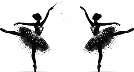 Graceful ballerina silhouette dancing with magic wand casting sparkly stardust stars in elegant classic theater performance vector © MSTJOSNA
