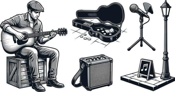 Street Musician and Busking Vector Element Set with Guitar Player, Open Case for Tips, Microphone, Amplifier, and Sidewalk Lamp Post Clip Art