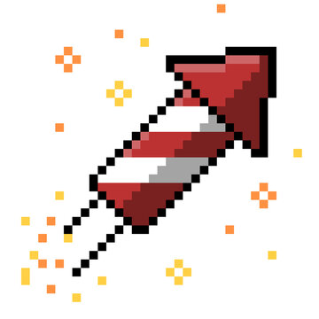 Retro pixel art fireworks rocket for New Year, Independence Day, and festival design element