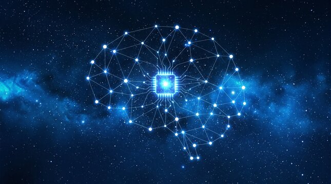 Digital brain network concept with glowing nodes and connecting lines inside a deep space galaxy background intelligence connection technology abstract computing information innovation