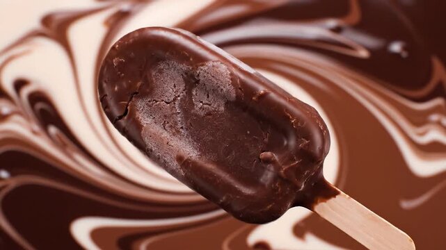 A chocolate ice cream bar on a stick over swirled chocolate