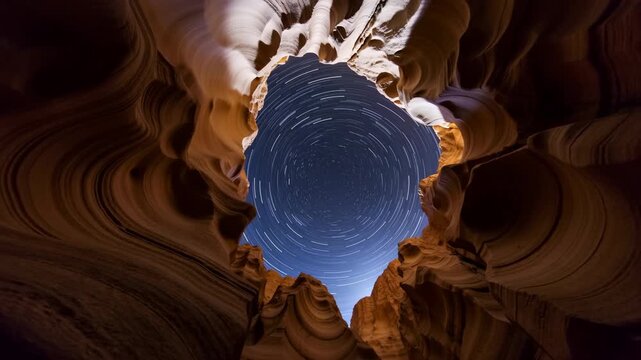 Upward view inside sandstone slot canyon revealing circular night opening where concentric star trails arc around rugged rim, layered rock walls, shadowed texture, and dramatic celestial contrast