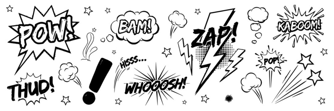 Comic Book Sound Effects and Symbols in Black and White Featuring Pow, Bam, Zap with Kaboom and Thud Elements for Whoosh, Pop
