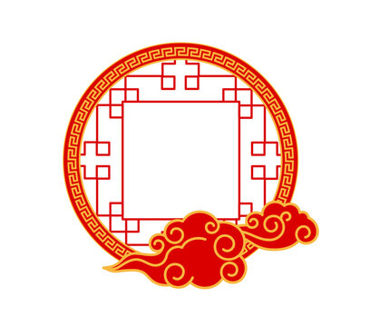 Round oriental japanese and chinese festive frame decoration. Oriental eastern ornate banner, Chinese motif decorative vector border. Japanese aesthetic frame with red clouds, geometric line ornaments