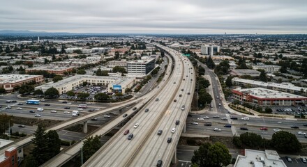 Obraz premium Expansive elevated freeway junction with heavy traffic flow in a modern city
