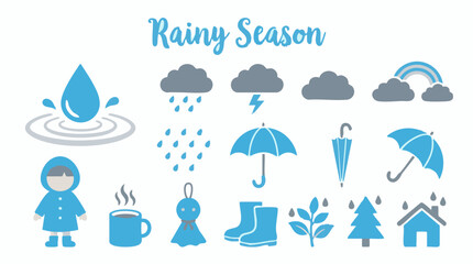 Obraz premium Flat design rainy season icons set with weather elements and objects