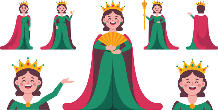 Royal Queen Character Collection with Crown, Robe, Scepter, Fan, and Fairy Tale Princess Poses for Cartoon Vector Illustration Set