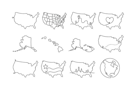 USA Map Icons, one-line drawing set, create 12 minimal continuous single-line drawings of USA maps, state outlines, national borders, travel geography contours, route map shapes, Alaska and Hawaii