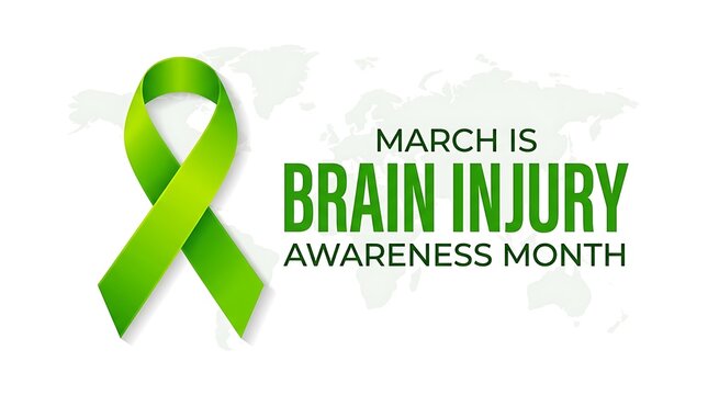 Brain injury awareness ribbon for March campaign. Green medical symbol promoting traumatic brain injury prevention and support.