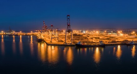 Naklejka premium Illuminated industrial port at night with towering cranes and ships reflecting on the water