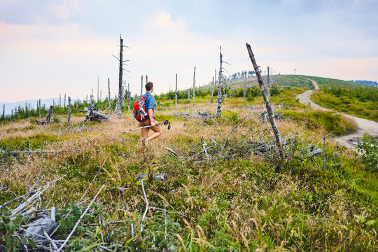 Back view of man hiking in the mountains