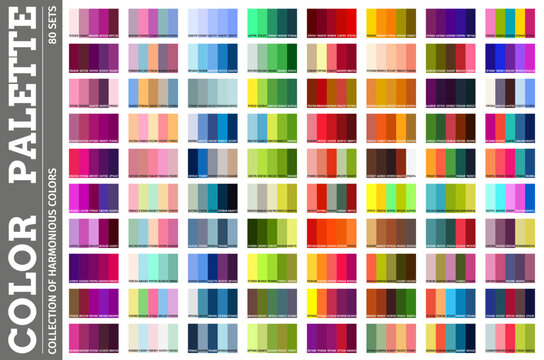 Color RGB palette with numbers of pastel and neon, cool, neutral and vibrant, balanced and warm colour swatches. Color palette or harmony chart guide with colour codes for mix and match combinations
