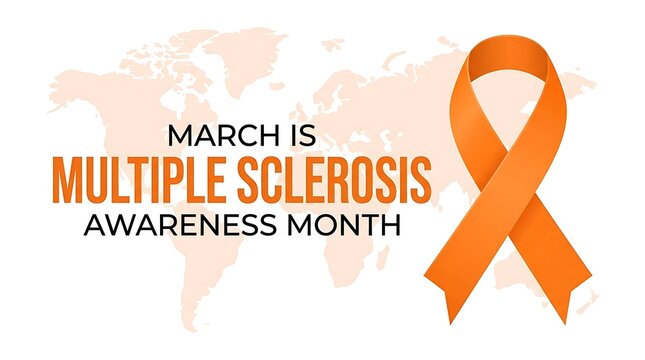 Multiple Sclerosis Awareness Month ribbon and globe design. Orange MS support symbol for health campaigns and medical fundraising.