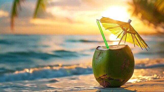 Fresh green coconut drink with straw & umbrella on a tropical beach at sunset