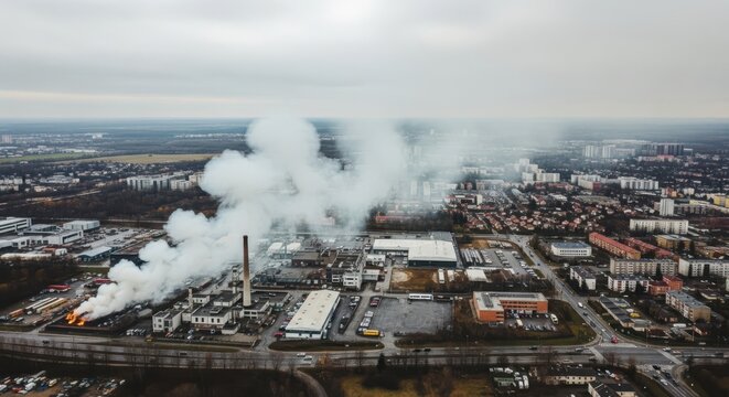 Industrial factory releasing plumes of white smoke into an overcast city sky