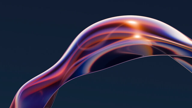 Abstract iridescent fluid glass shape on dark background