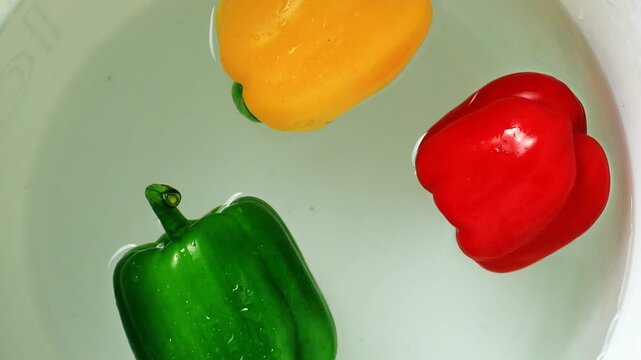 Fresh multi color paprika, chilli and capsicum spinning in water table top view close up.
