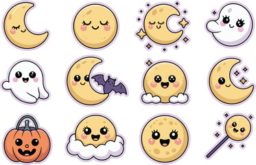 Obraz premium Set of cute kawaii style celestial and halloween featuring smiling moons, a friendly white ghost, a purple bat, a jack-o-lantern, and a magic wand, isolated on a white background