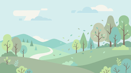 Fototapeta premium Minimalist vector illustration of a serene natural landscape with hills and trees