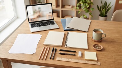 Fototapeta premium Minimalist wooden desk with laptop and stationery setup.