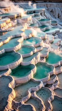 Aerial view of steaming turquoise pools on white geothermal travertine terraces