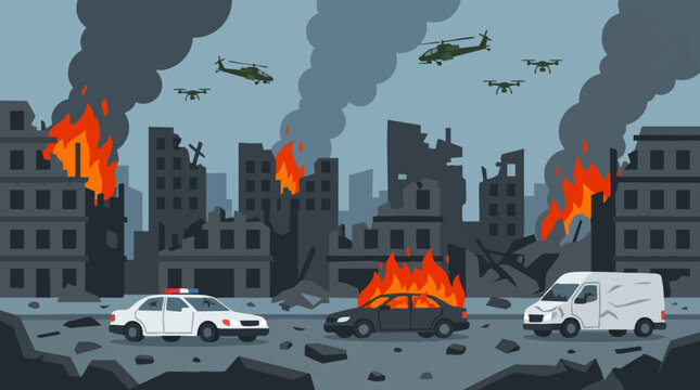 Destroyed city under conflict with burning cars and military aircraft