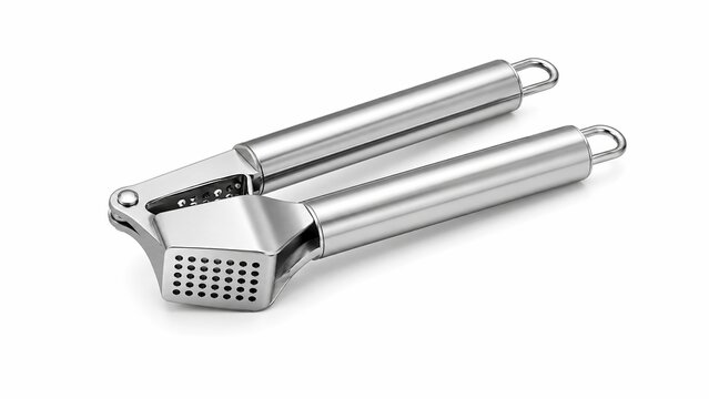 Professional stainless steel garlic press isolated on white background
