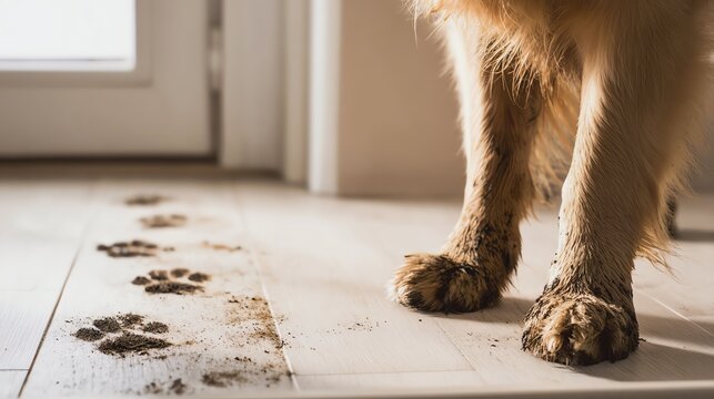 Dog paws leaving dirt marks on the floor.