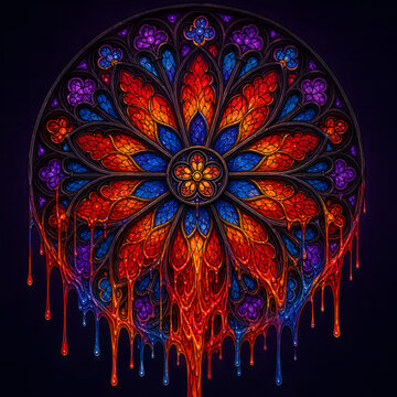 Vibrant stained glass rose window with dripping paint effects against dark background with evoking dramatic artistic ambiance showcases intricate stained