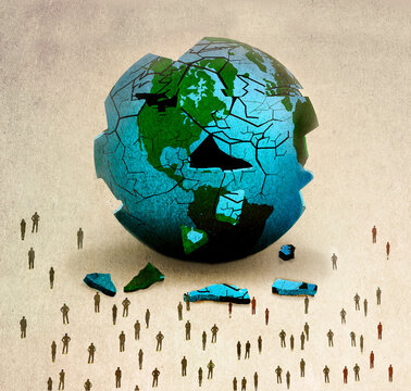 People standing in front of broken planet earth against brown background