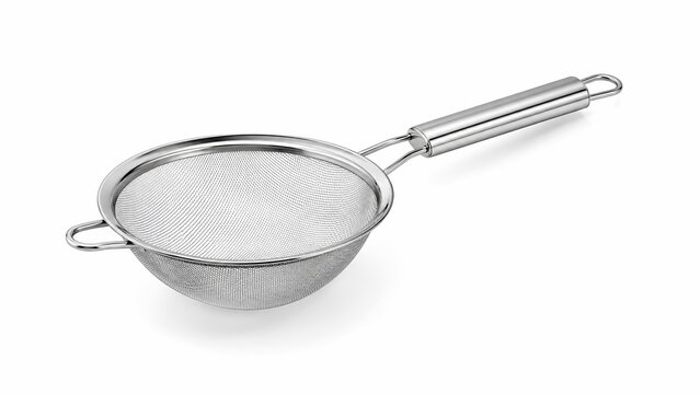 Professional stainless steel fine mesh strainer with long handle isolated on white background