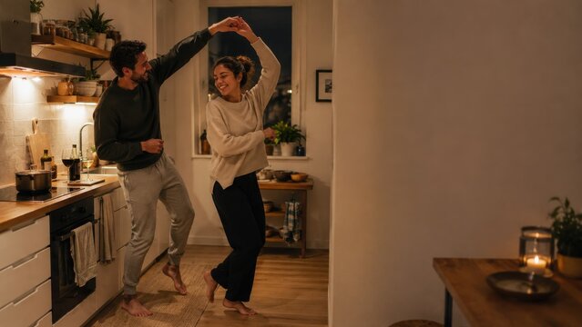 Couple dancing in a cozy kitchen at home at night