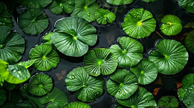 Lush green round leaves, covered in sparkling dewdrops, float peacefully on dark water